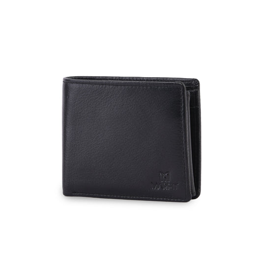 MARFIT Black Genuine Leather Bifold Wallet – Classic Plain Design with Coin Pocket