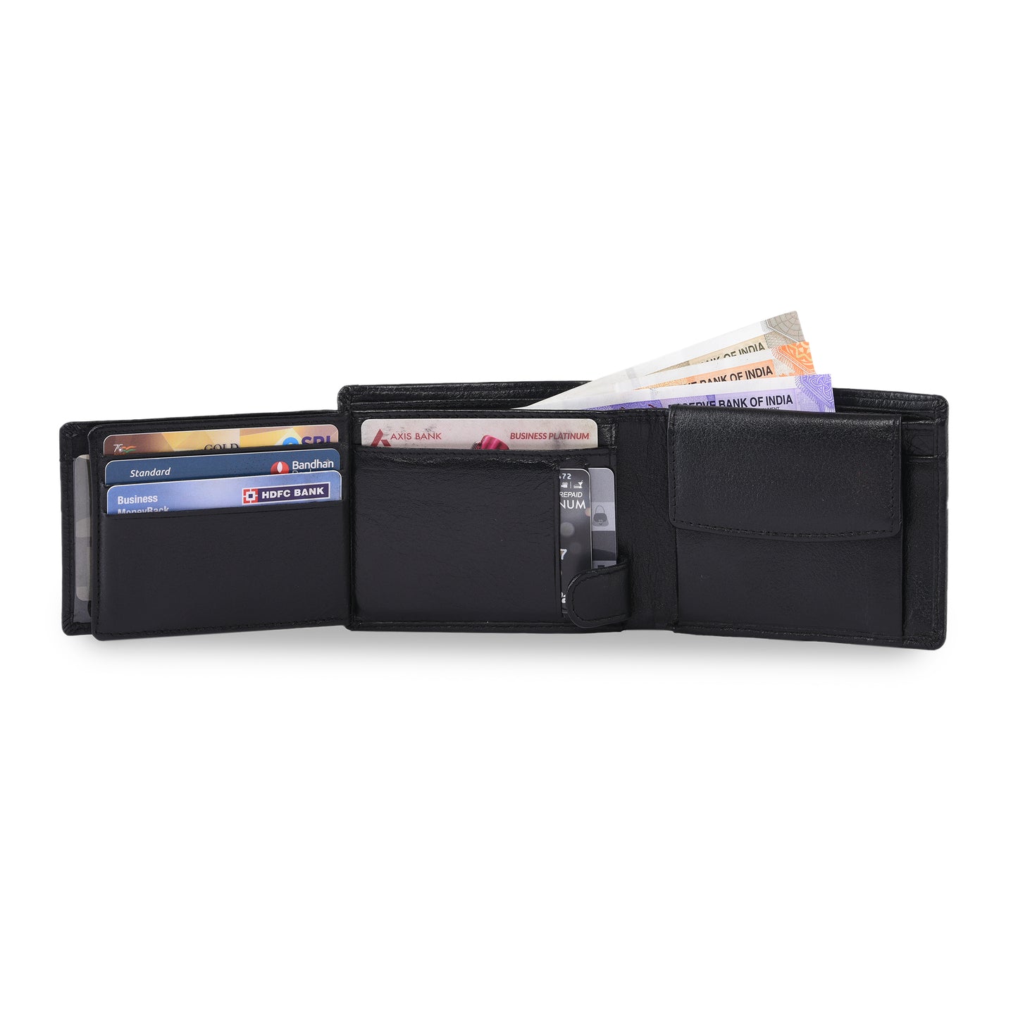 MARFIT Black Genuine Leather Bifold Wallet – Classic Plain Design with Coin Pocket