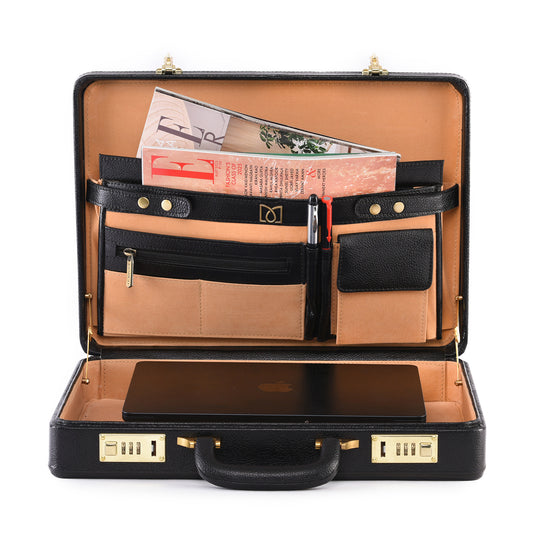 MARFIT Genuine Leather Executive Briefcase | Black Pebbled Leather | 16-Inch Laptop Attache Case | Premium Lock Briefcase