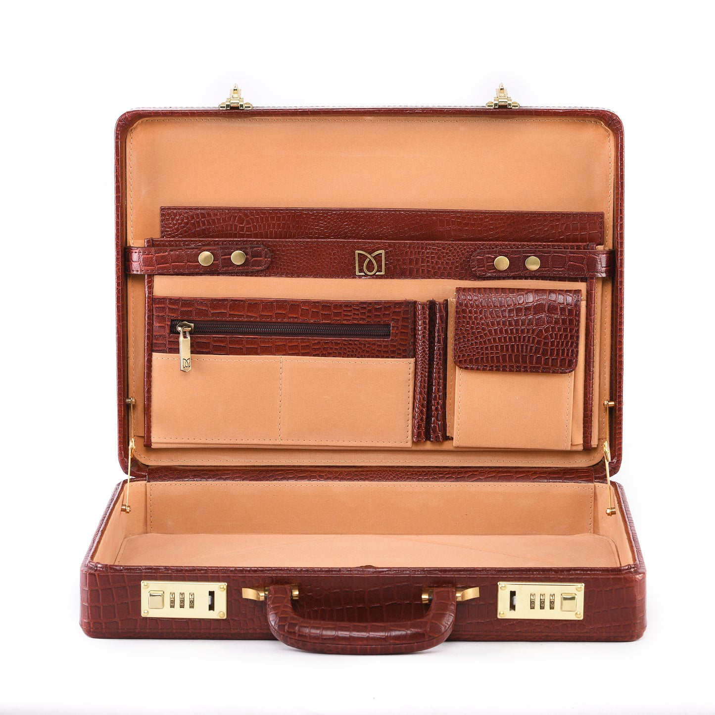 MARFIT Genuine Leather Executive Briefcase – Brown Crocodile Embossed | Luxury Hard Case Business Attache | Combination Lock | Premium Office Briefcase