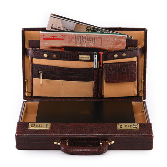 MARFIT Genuine Leather Executive Briefcase Attache Case – Crocodile Embossed | 16 Inch Laptop Compatible | Combination Lock | Luxury Business Case