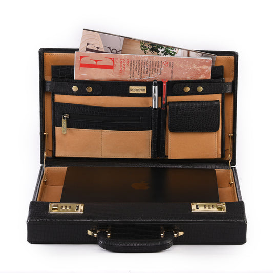MARFIT Genuine Leather Crocodile Texture Executive Attaché Case | Premium Laptop Briefcase | Combination Lock | Black
