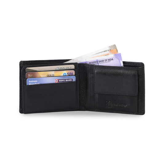 MARFIT Black Genuine Leather Bifold Wallet for Men – Horizontal Line Emboss Design with Coin Pocket & ID Window