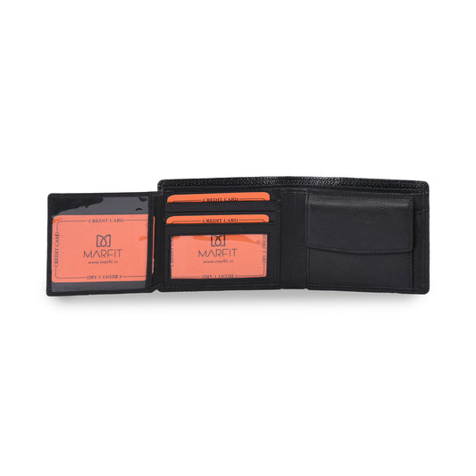 MARFIT Black Genuine Leather Bifold Wallet for Men – Micro Raised Diamond Emboss Design, Coin Pocket, ID Window & Card Slots