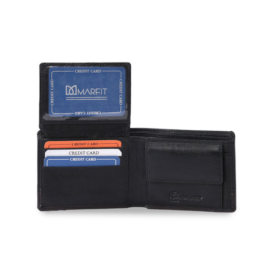 MARFIT Black Genuine Leather Bifold Wallet for Men – Dual Tone Design with Contrast Stitching, Coin Pocket & ID Window