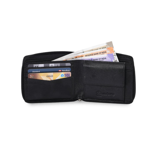 MARFIT Black Genuine Leather Bifold Wallet for Men with Zipper Closure & Coin Pocket