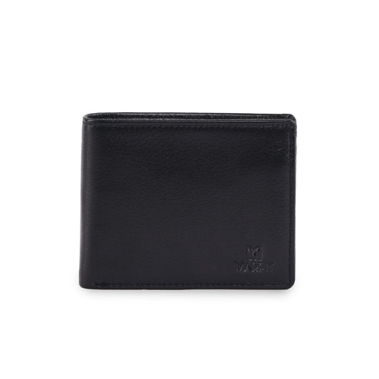 MARFIT Black Genuine Leather Bifold Wallet – Classic Plain Design with Coin Pocket