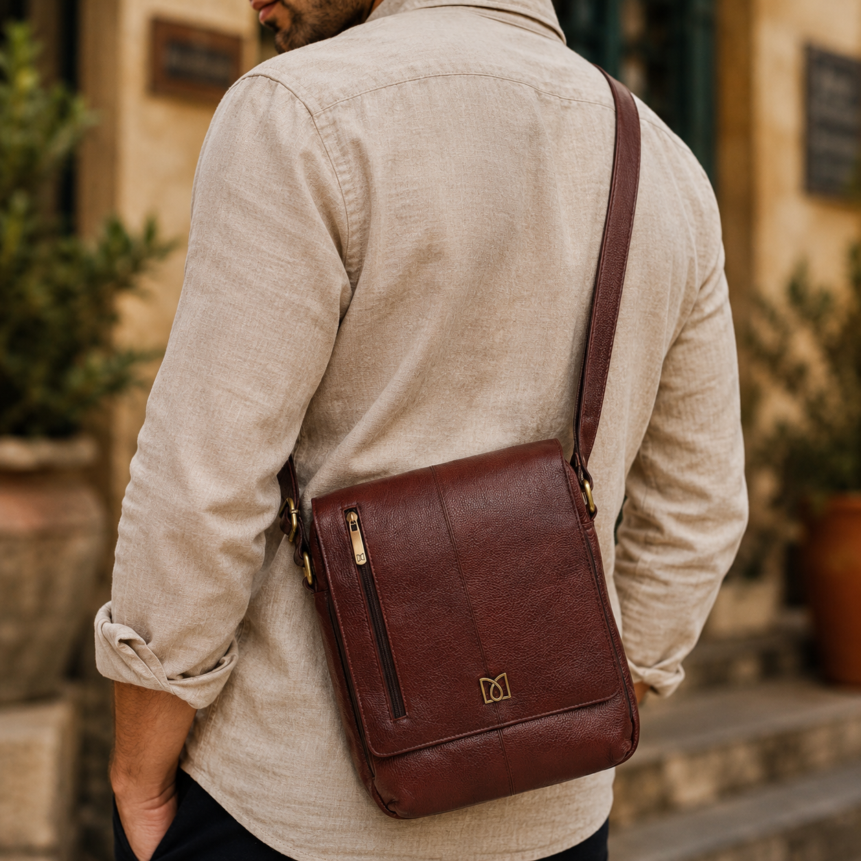 Premium Genuine Leather Sling Crossbody Bag for Men – Vertical Messenger Shoulder Bag SB1893001BRN