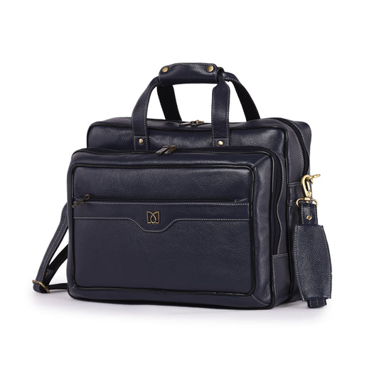 MARFIT Blue Genuine Leather Laptop Messenger Bag – Dual Compartment Office Briefcase