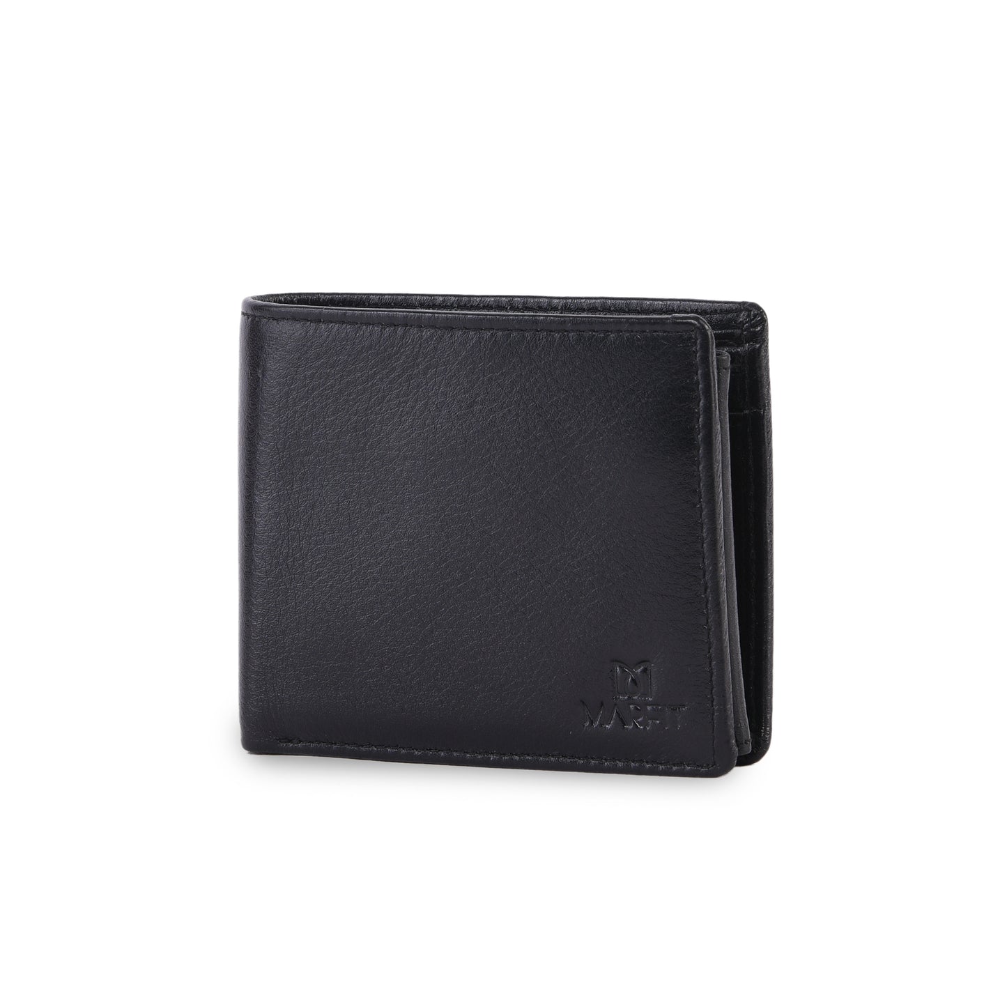 MARFIT Black Genuine Leather Bifold Wallet – Classic Plain Design with Coin Pocket