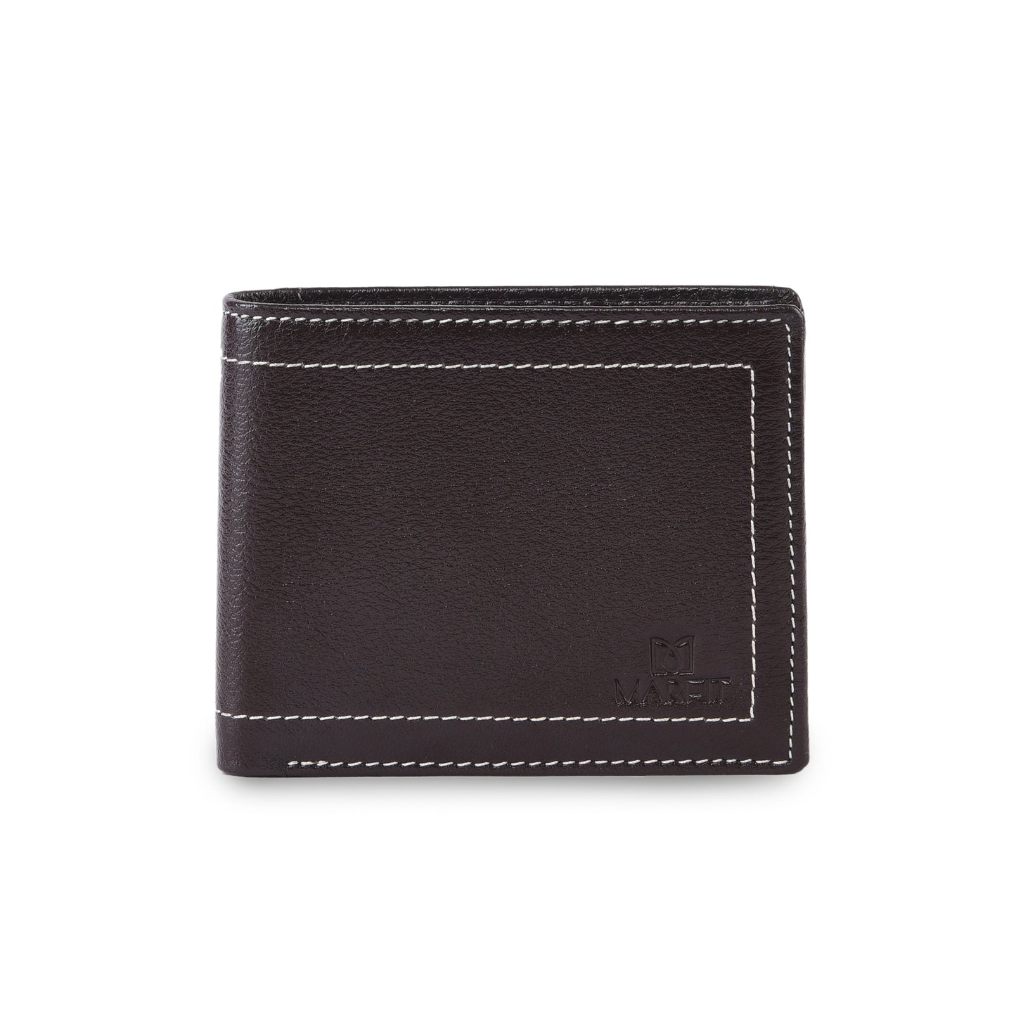 MARFIT Brown Genuine Leather Bifold Wallet – Contrast Stitch Design with Coin Pocket