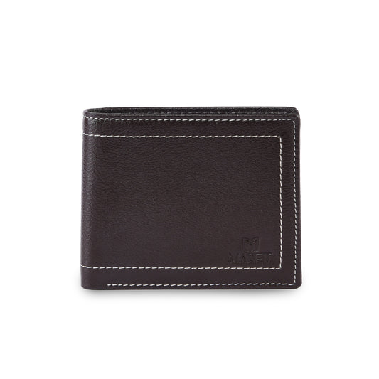 MARFIT Brown Genuine Leather Bifold Wallet – Contrast Stitch Design with Coin Pocket