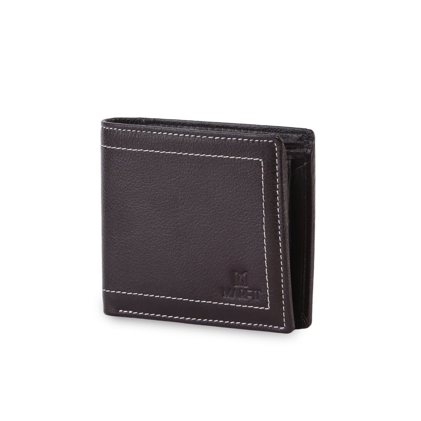 MARFIT Brown Genuine Leather Bifold Wallet – Contrast Stitch Design with Coin Pocket