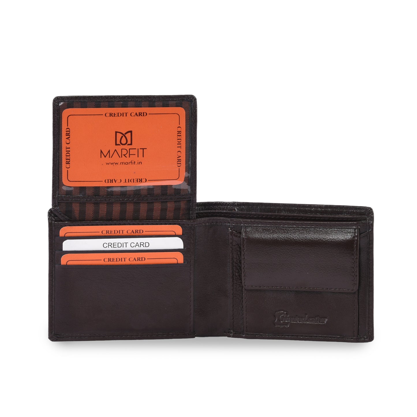 MARFIT Brown Genuine Leather Bifold Wallet – Contrast Stitch Design with Coin Pocket