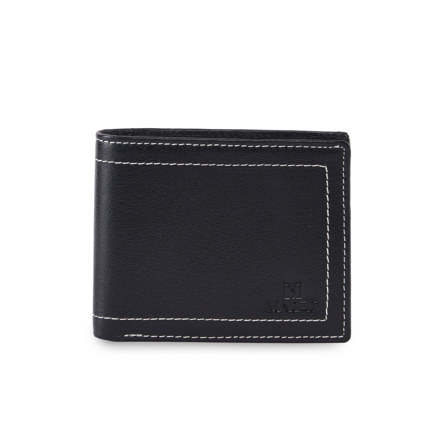 MARFIT Black Genuine Leather Bifold Wallet – Contrast Stitch Design with Coin Pocket