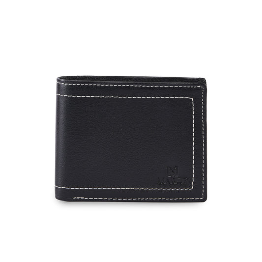 MARFIT Black Genuine Leather Bifold Wallet – Contrast Stitch Design with Coin Pocket