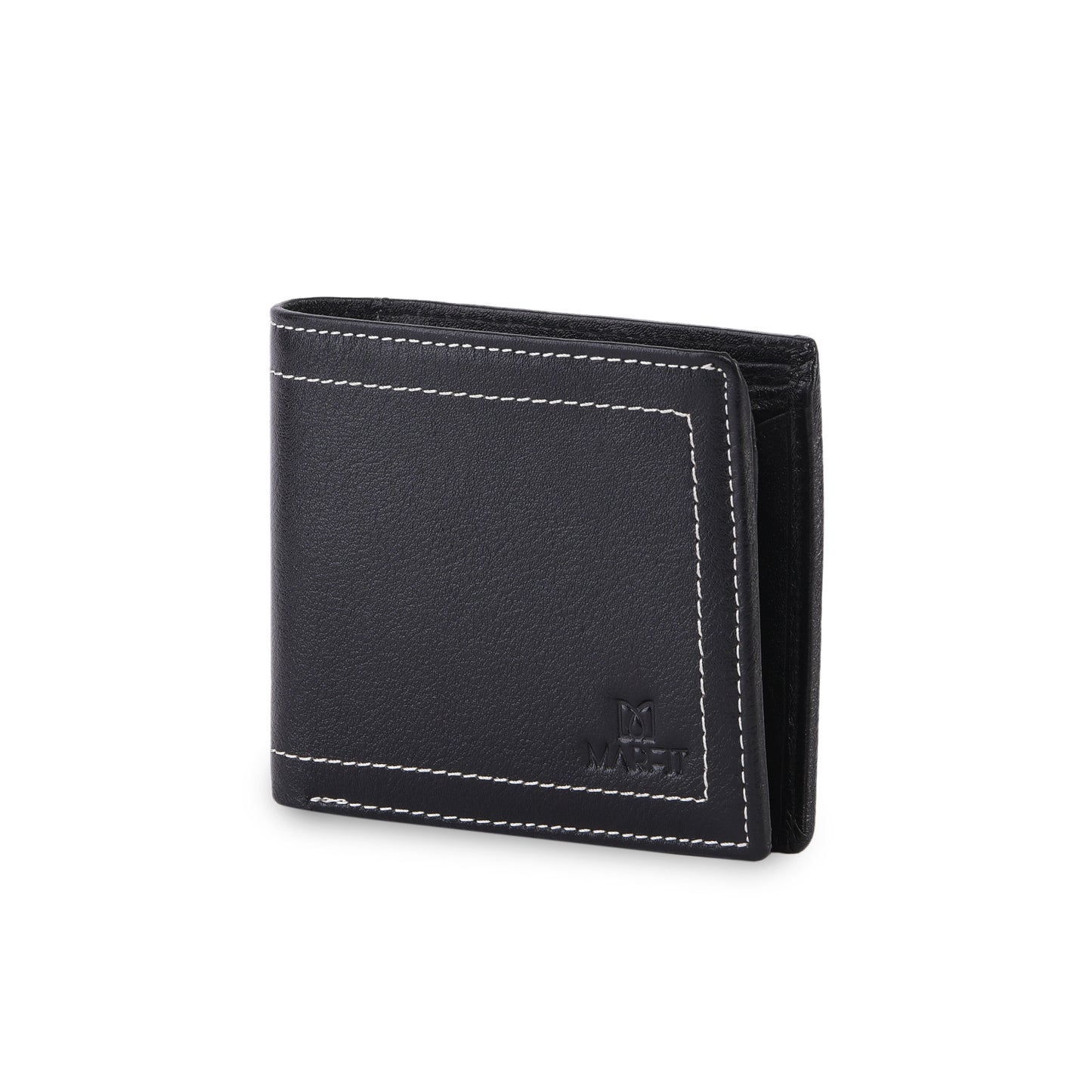 MARFIT Black Genuine Leather Bifold Wallet – Contrast Stitch Design with Coin Pocket