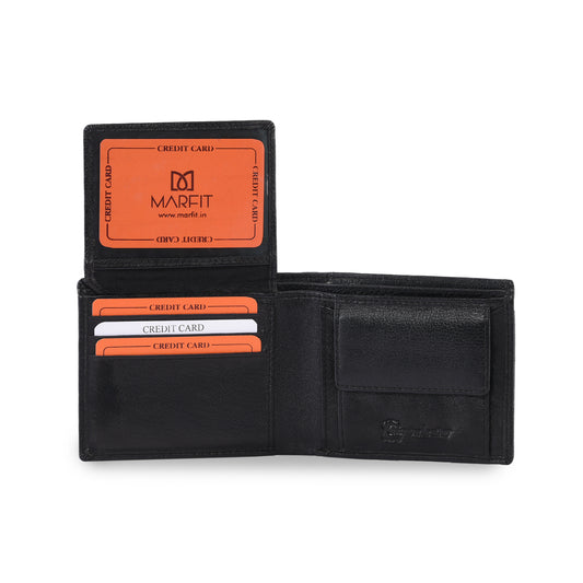 MARFIT Black Genuine Leather Bifold Wallet – Contrast Stitch Design with Coin Pocket