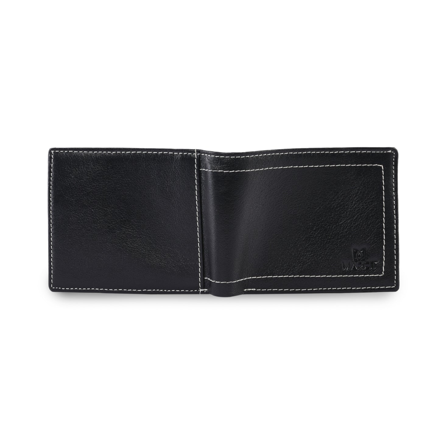 MARFIT Black Genuine Leather Bifold Wallet – Contrast Stitch Design with Coin Pocket