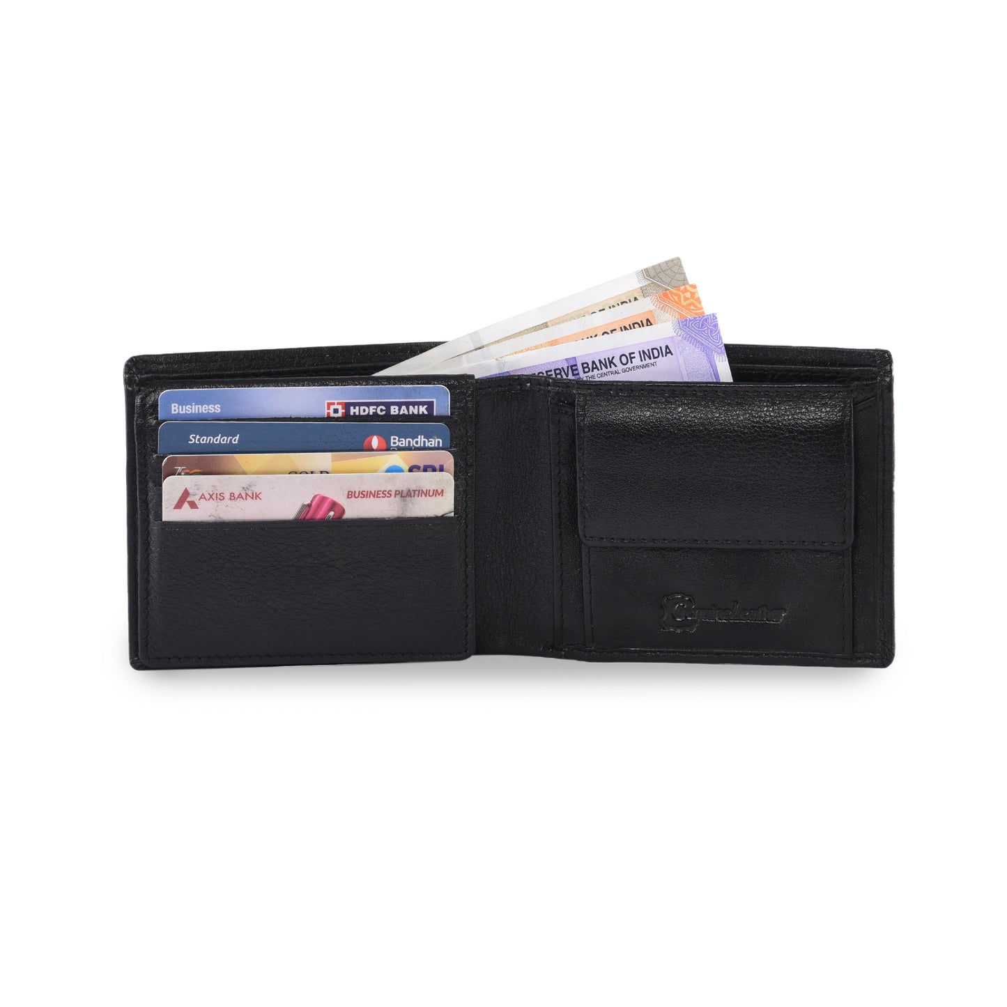 MARFIT Black Genuine Leather Bifold Wallet – Contrast Stitch Design with Coin Pocket