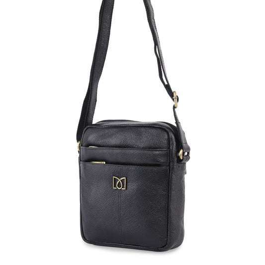 MARFIT Genuine Leather Sling Bag for Men | Premium Crossbody Messenger Bag with Multiple Zip Pockets | Black | SB1893002BLK