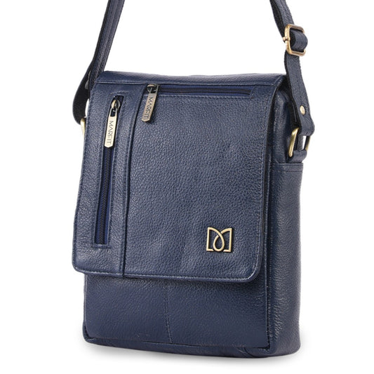 MARFIT Genuine Blue Leather Crossbody Sling Bag for Men & Women