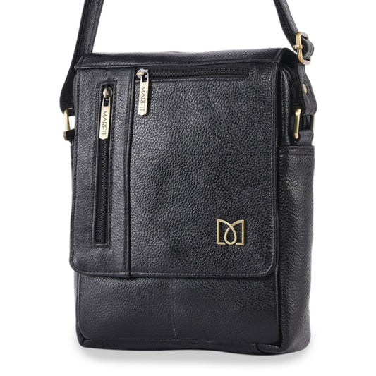 MARFIT Genuine Leather Crossbody Sling Bag for Men – Black | Adjustable Strap | Multiple Zip Pockets