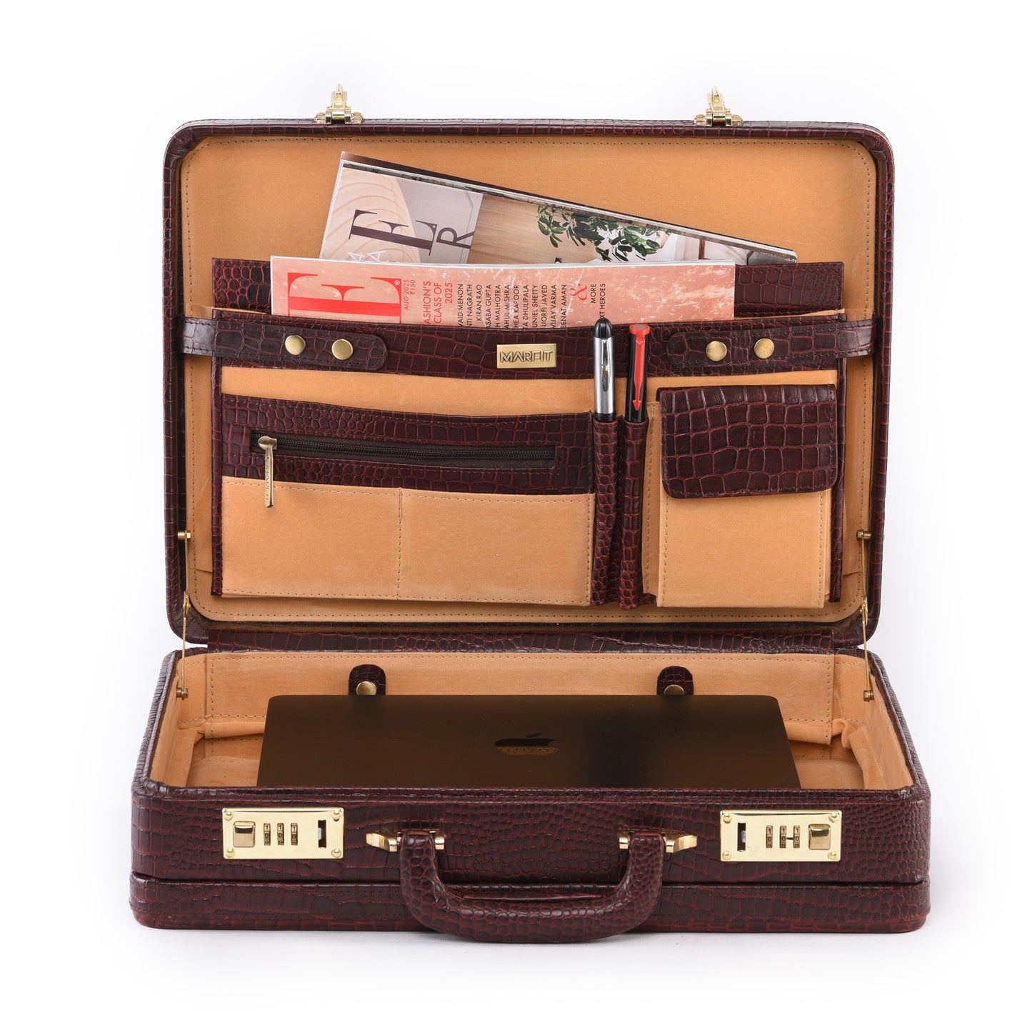 MARFIT Genuine Leather Expandable Executive Briefcase – Crocodile Embossed | Dual Compartment | Laptop & Document Case