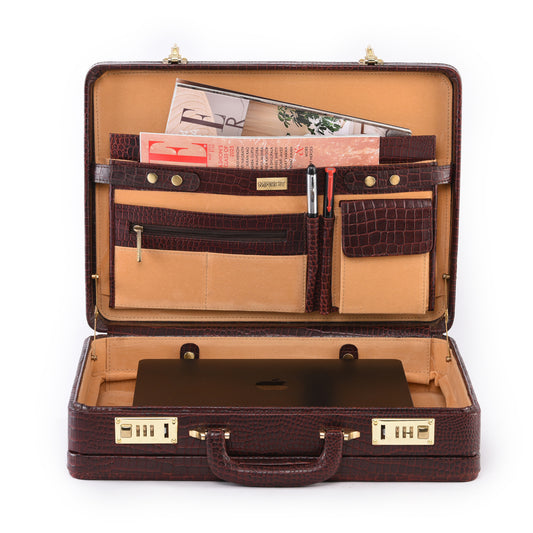 MARFIT Genuine Leather Expandable Executive Briefcase – Crocodile Embossed | Dual Compartment | Laptop & Document Case
