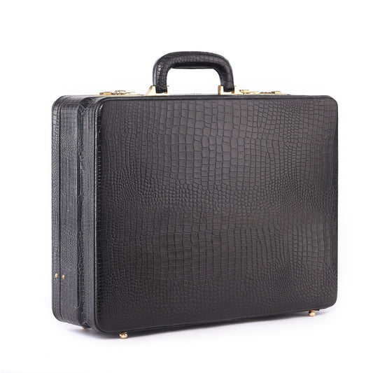 MARFIT Genuine Leather Expandable Executive Briefcase for Men – Black Crocodile Embossed | 16 Inch Laptop Compatible