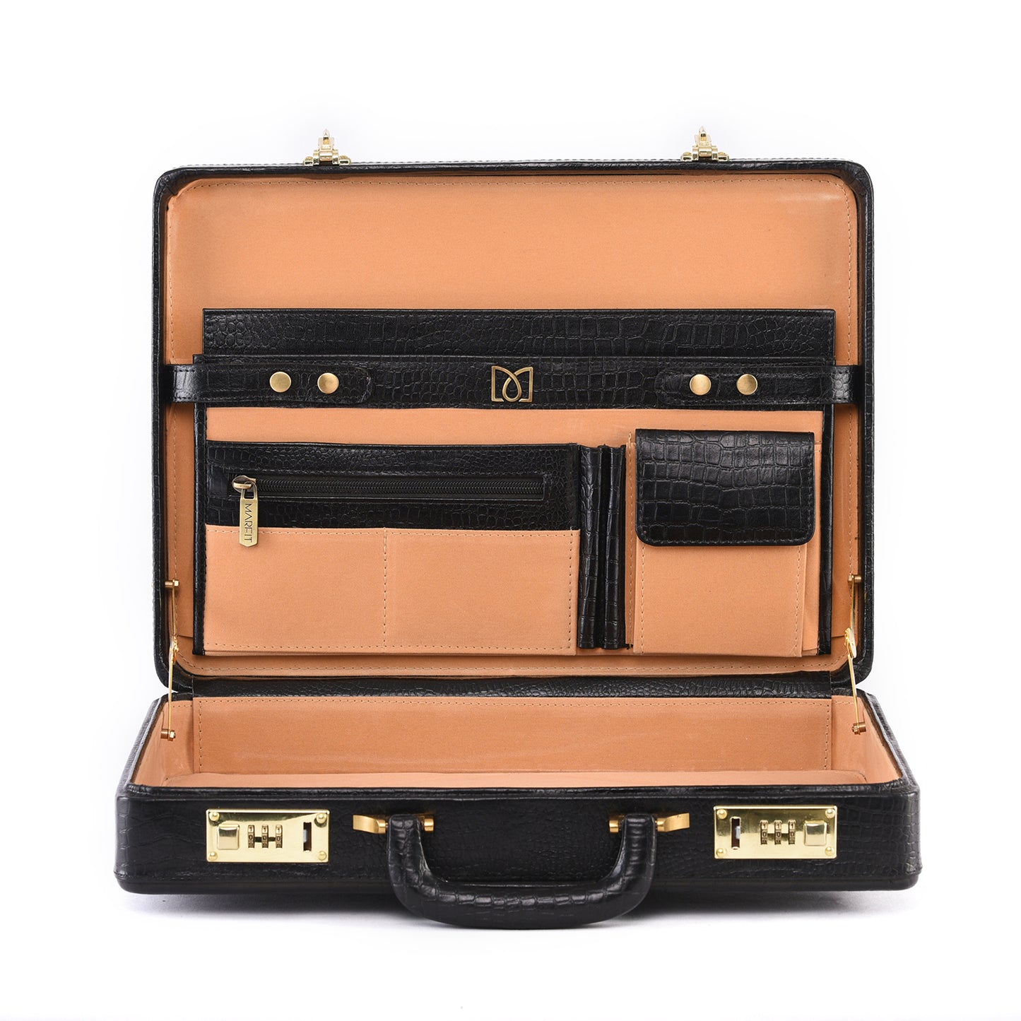 MARFIT Genuine Leather Executive Briefcase – Black Crocodile Embossed | Premium Hard Case Business Attache | Combination Lock | Luxury Office Case