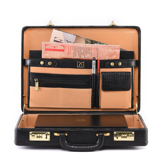 MARFIT Genuine Leather Executive Briefcase – Black Crocodile Embossed | Premium Hard Case Business Attache | Combination Lock | Luxury Office Case