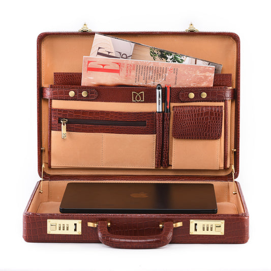 MARFIT Genuine Leather Executive Briefcase – Brown Crocodile Embossed | Luxury Hard Case Business Attache | Combination Lock | Premium Office Briefcase