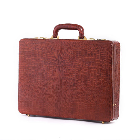 MARFIT Genuine Leather Executive Briefcase – Brown Crocodile Embossed | Luxury Hard Case Business Attache | Combination Lock | Premium Office Briefcase