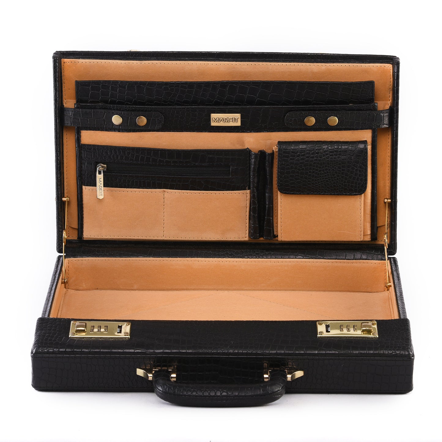 MARFIT Genuine Leather Crocodile Texture Executive Attaché Case | Premium Laptop Briefcase | Combination Lock | Black
