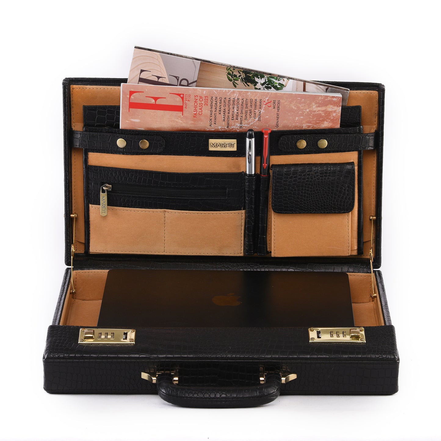 MARFIT Genuine Leather Crocodile Texture Executive Attaché Case | Premium Laptop Briefcase | Combination Lock | Black