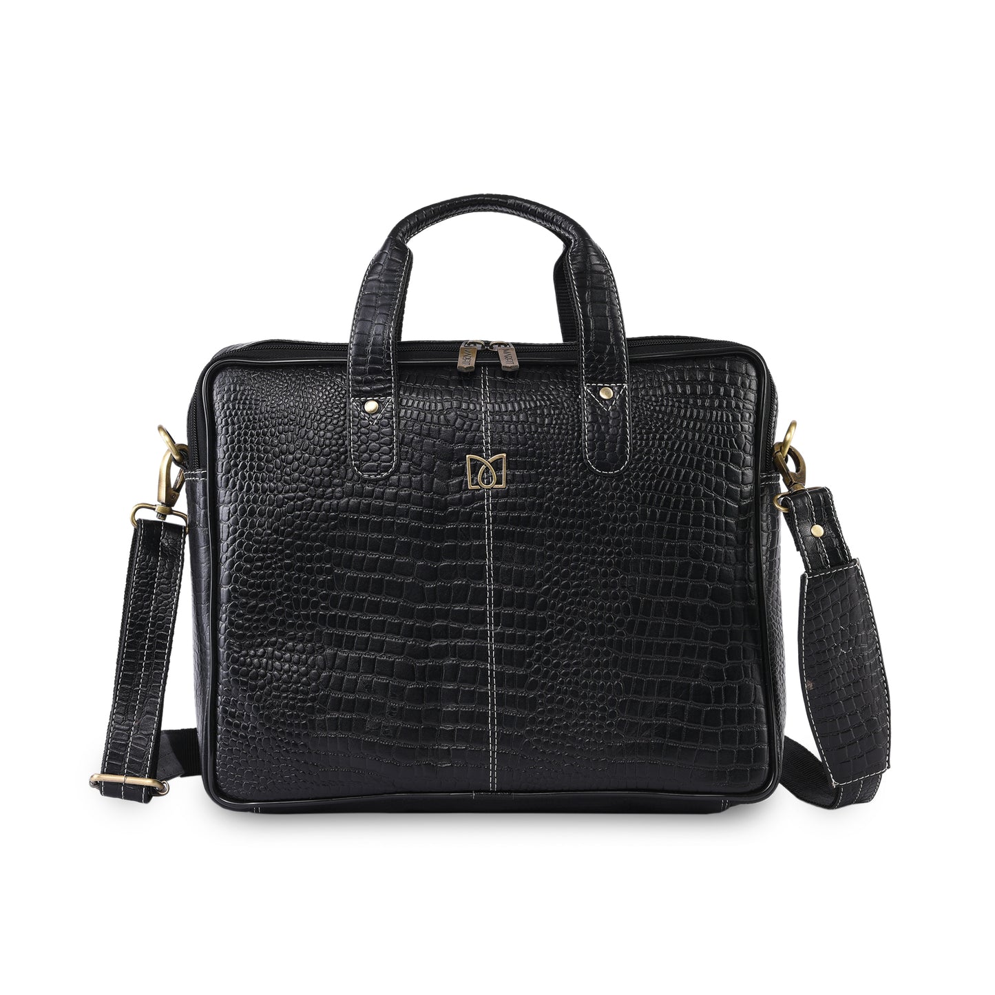 MARFIT Black Crocodile Leather Laptop Messenger Bag