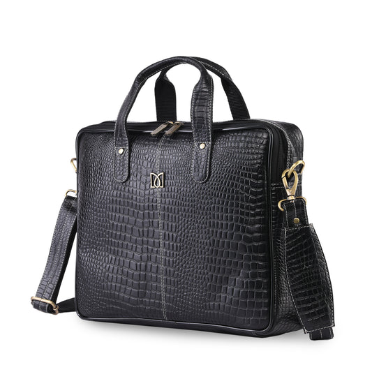 MARFIT Black Crocodile Leather Laptop Messenger Bag
