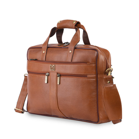 MARFIT Tan Genuine Leather Messenger Bag – Multi Pocket Laptop Office Bag