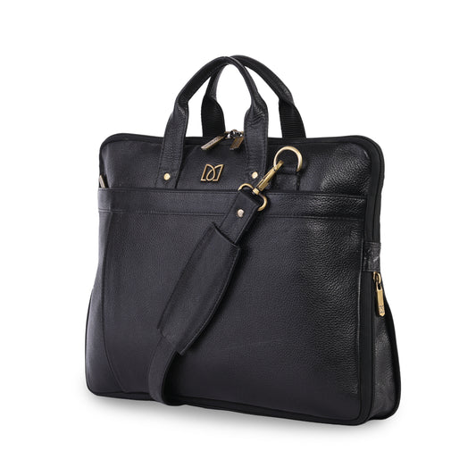 MARFIT Expandable Genuine Leather Laptop Messenger Bag – Black | Premium Office Briefcase with Shoulder Strap