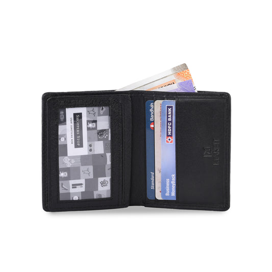 MARFIT Black Embossed Leather Mini Wallet for Men – Compact Card Holder with ID Window