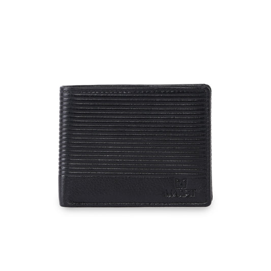 MARFIT Black Genuine Leather Bifold Wallet for Men – Horizontal Line Emboss Design with Coin Pocket & ID Window