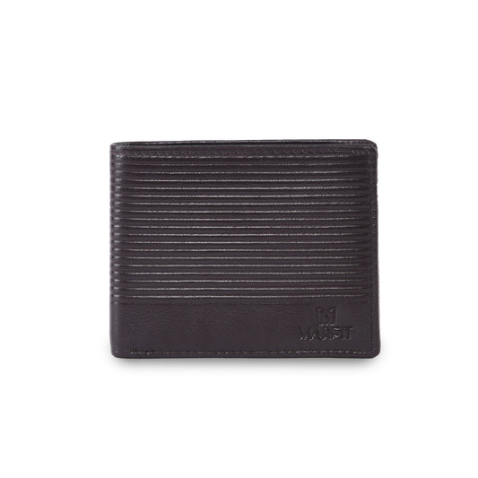 MARFIT Brown Genuine Leather Bifold Wallet for Men – Horizontal Line Emboss Design with Coin Pocket & Card Slots