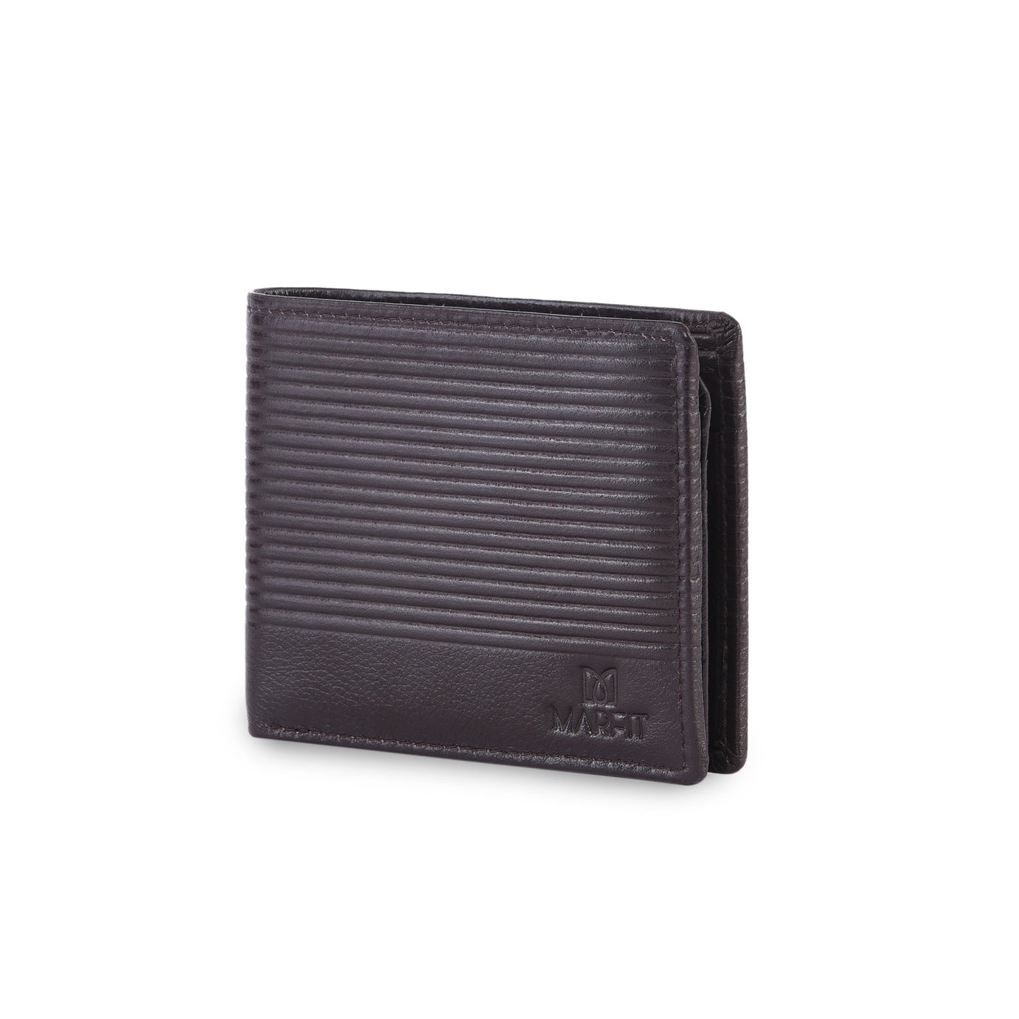 MARFIT Brown Genuine Leather Bifold Wallet for Men – Horizontal Line Emboss Design with Coin Pocket & Card Slots