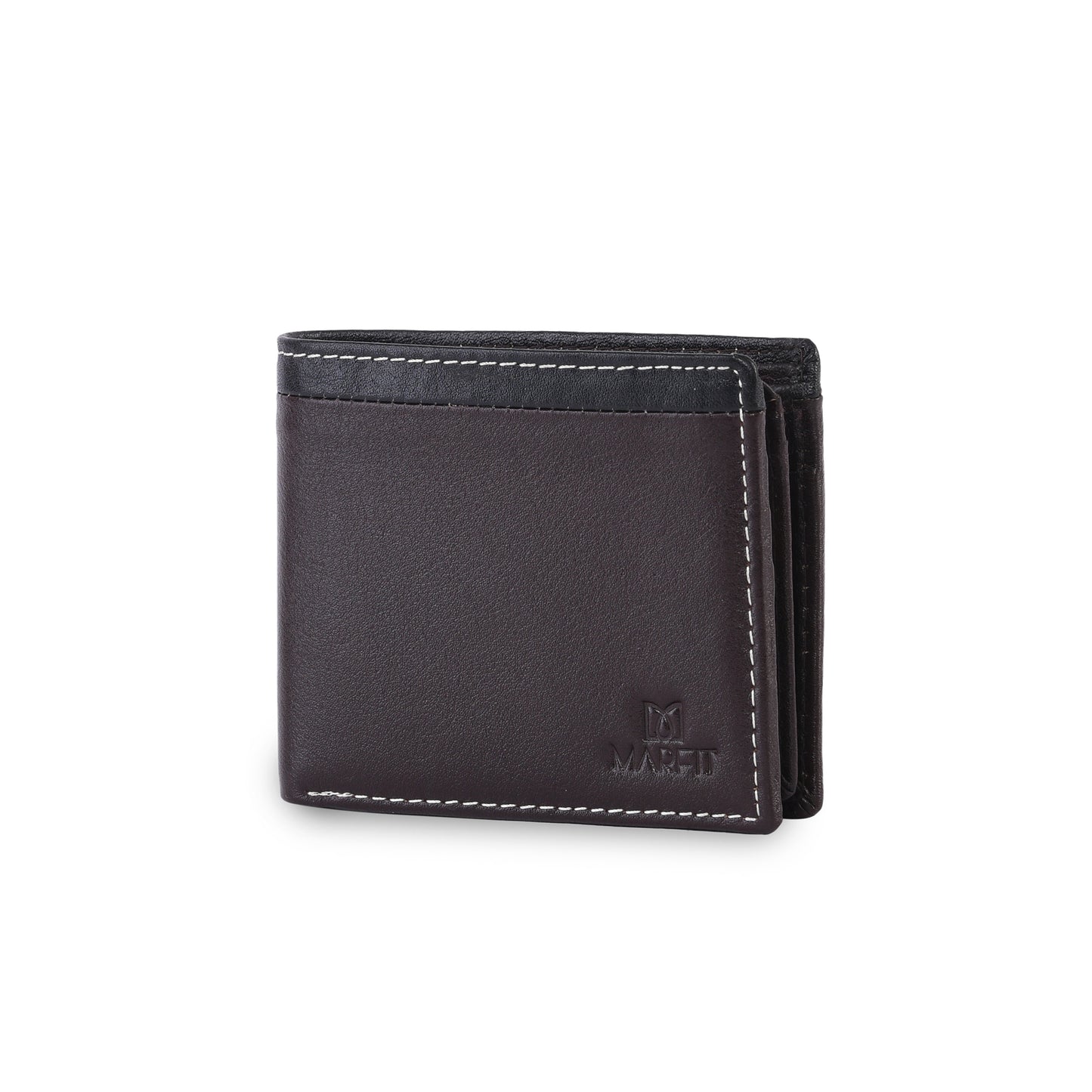 MARFIT Dark Brown Genuine Leather Bifold Wallet for Men – Dual Tone Design with Black Top Panel, Coin Pocket, ID Window & Card Slots