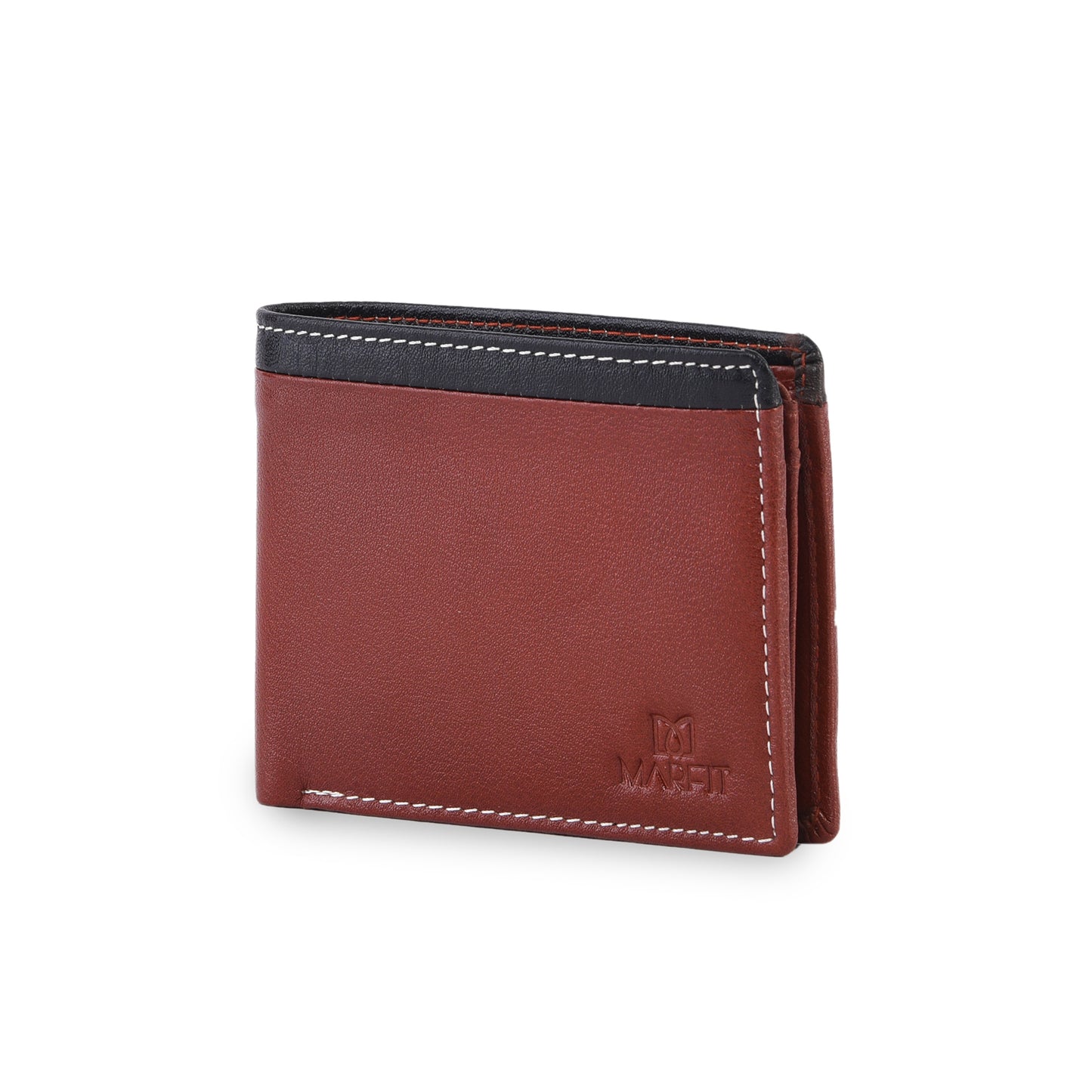 MARFIT Tan Genuine Leather Bifold Wallet for Men – Dual Tone Design with Black Top Panel, Coin Pocket, ID Window & Card Slots