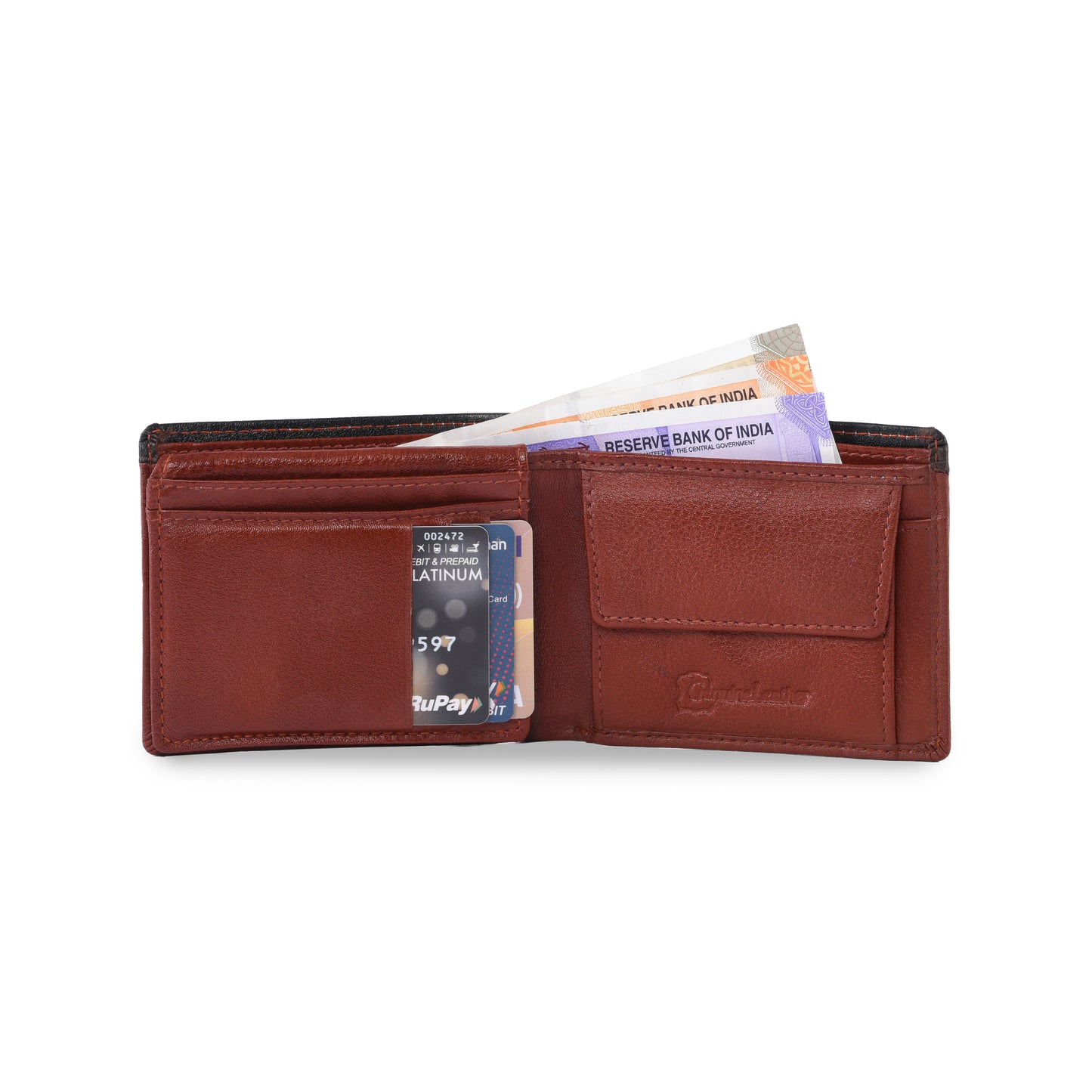 MARFIT Tan Genuine Leather Bifold Wallet for Men – Dual Tone Design with Black Top Panel, Coin Pocket, ID Window & Card Slots