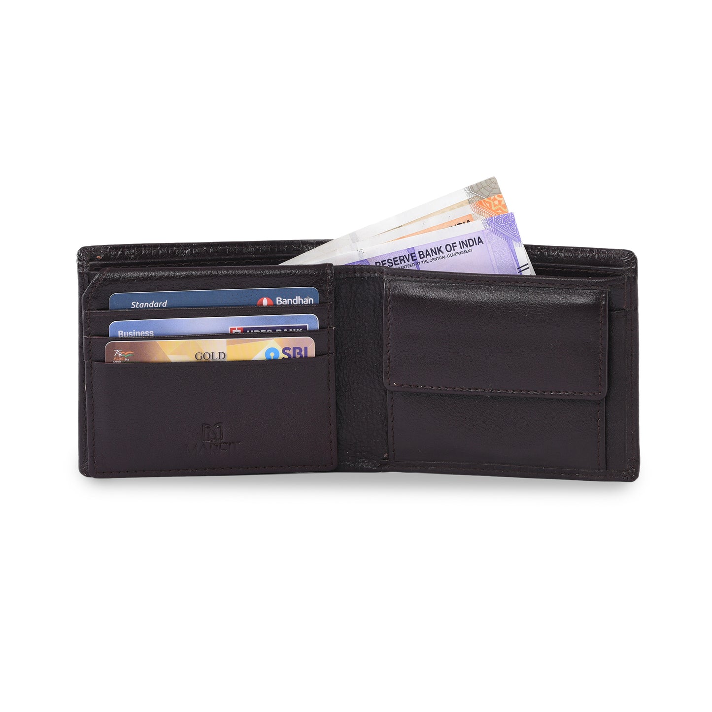 MARFIT Brown Genuine Leather Bifold Wallet for Men – Raised Embossed Grid Pattern, Coin Pocket, ID Window & Card Slots