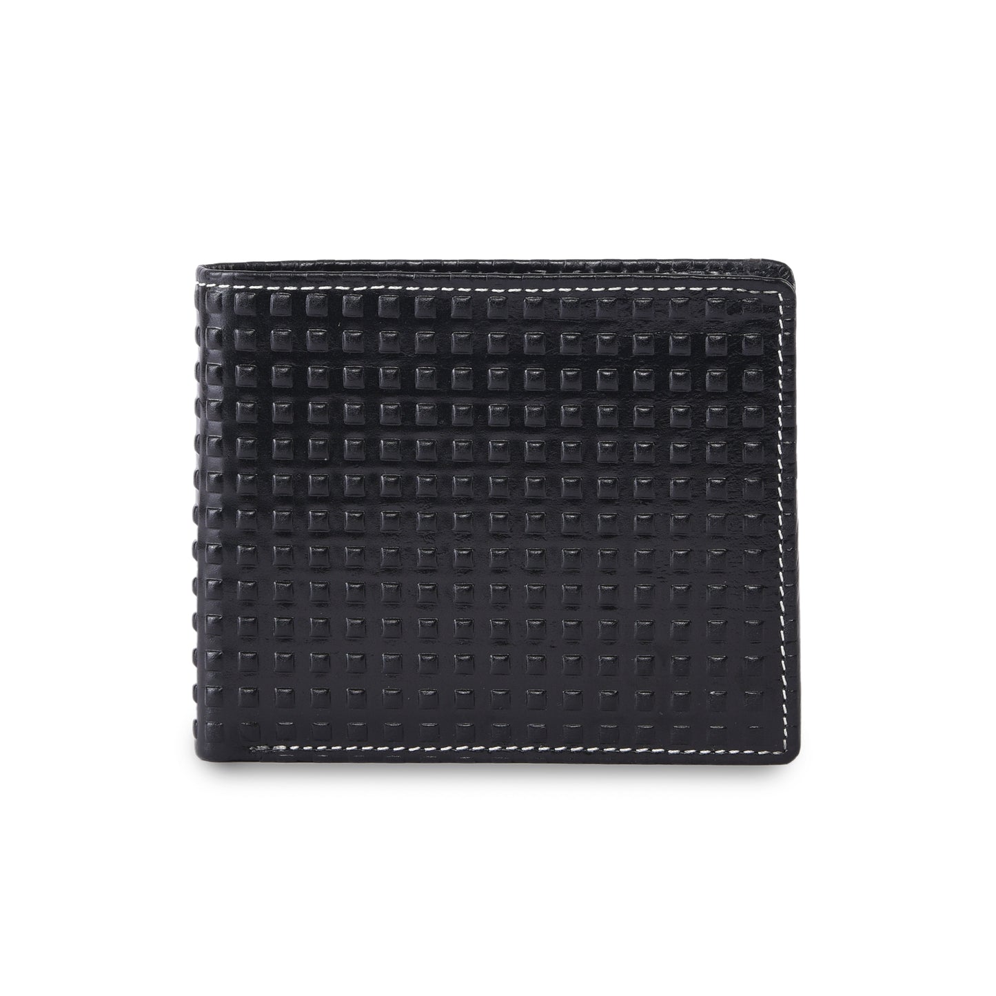 MARFIT Black Genuine Leather Bifold Wallet for Men – Raised Embossed Grid Pattern, Coin Pocket, ID Window & Card Slots