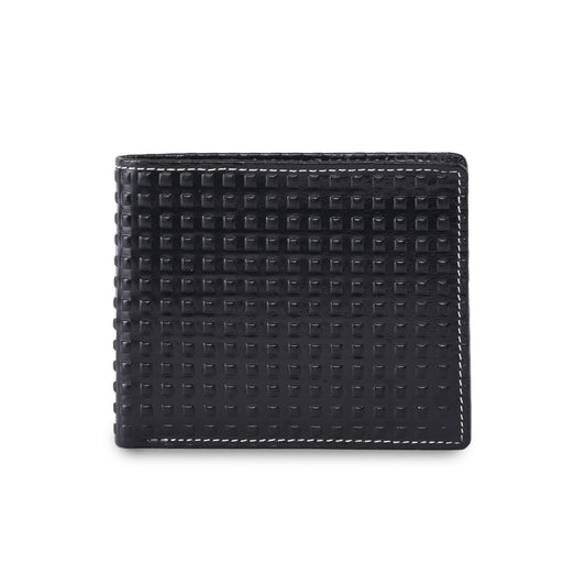 MARFIT Black Genuine Leather Bifold Wallet for Men – Raised Embossed Grid Pattern, Coin Pocket, ID Window & Card Slots